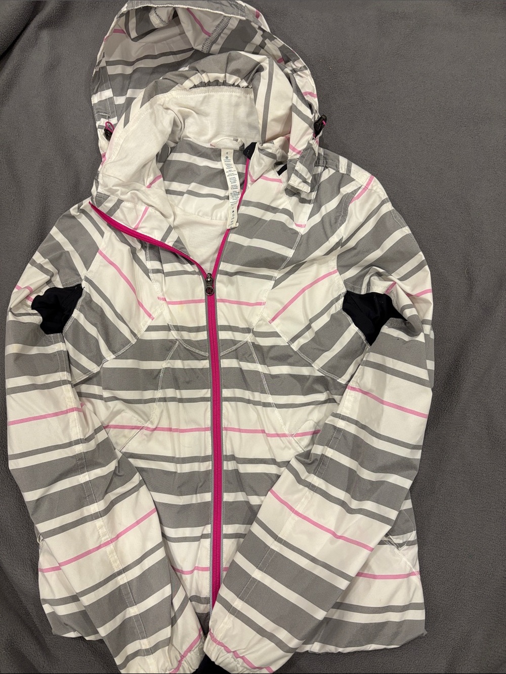 Women’s Hooded Stripe Windbreaker Jacket - Gray & White with Pink Trim